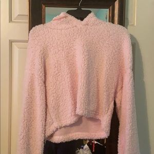 pink fuzzy cropped & hooded sweater